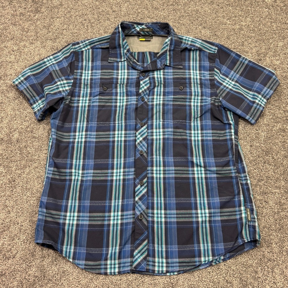 Eddie Bauer Shirt Mens Large Blue Plaid Short Sleeve Button Classic Travex Work